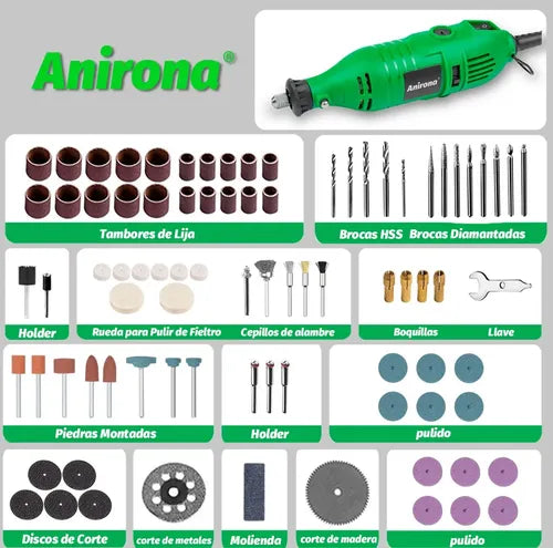Mini Taladro Mototool Esmeril Anirona 135w Con Accesorios