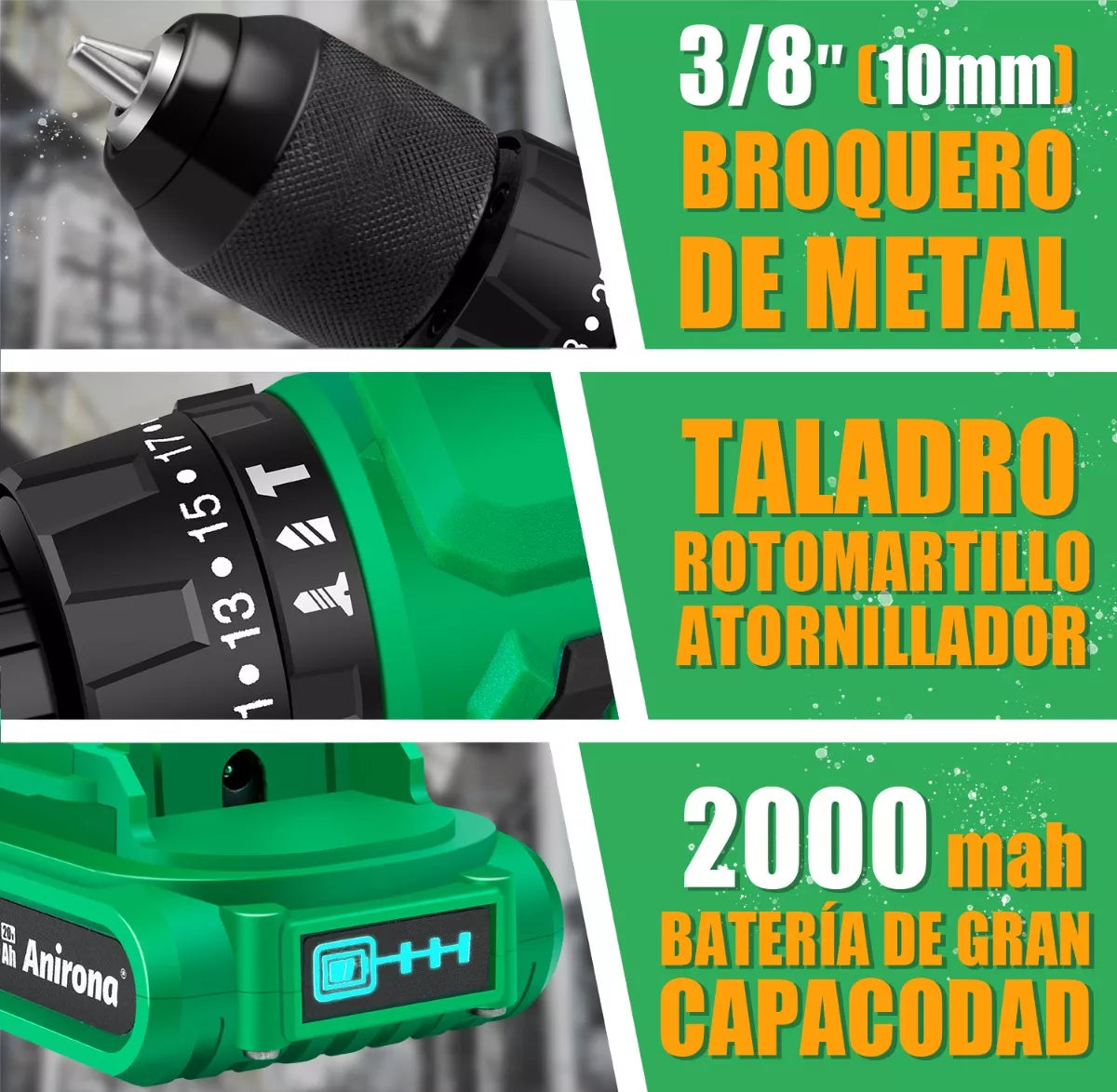 Taladro percutor atornillador inalámbrico de 10mm Anirona AA2015-BL 20V + 2 baterías de 2000Ah + accesorio con estuche de plástico