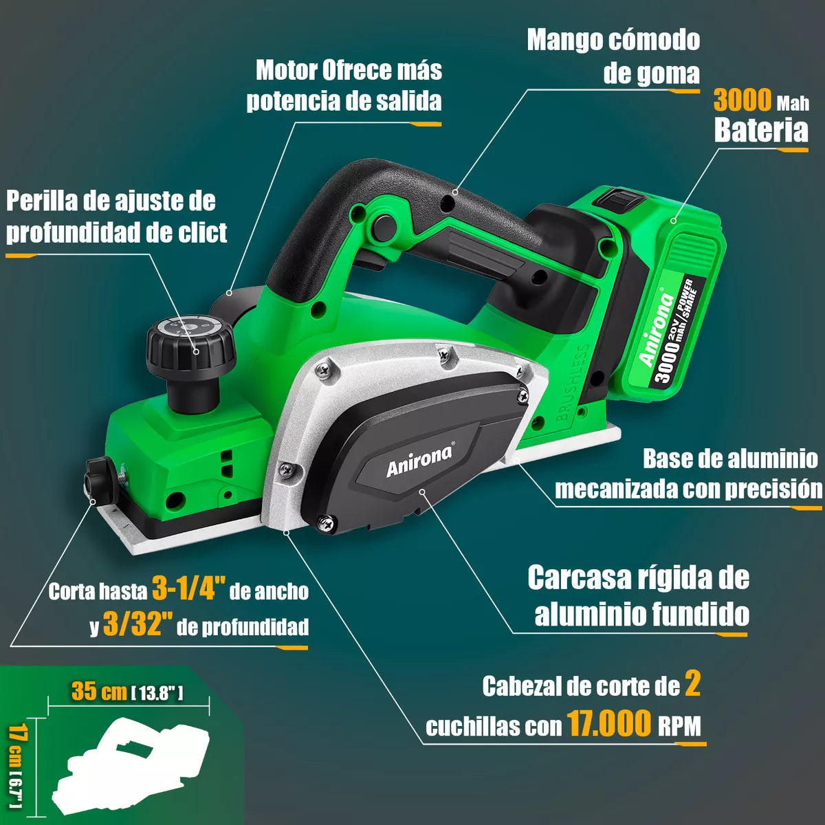 Cepillo Inalámbrico Sin Carbones 3-1/4 Profesional Anirona