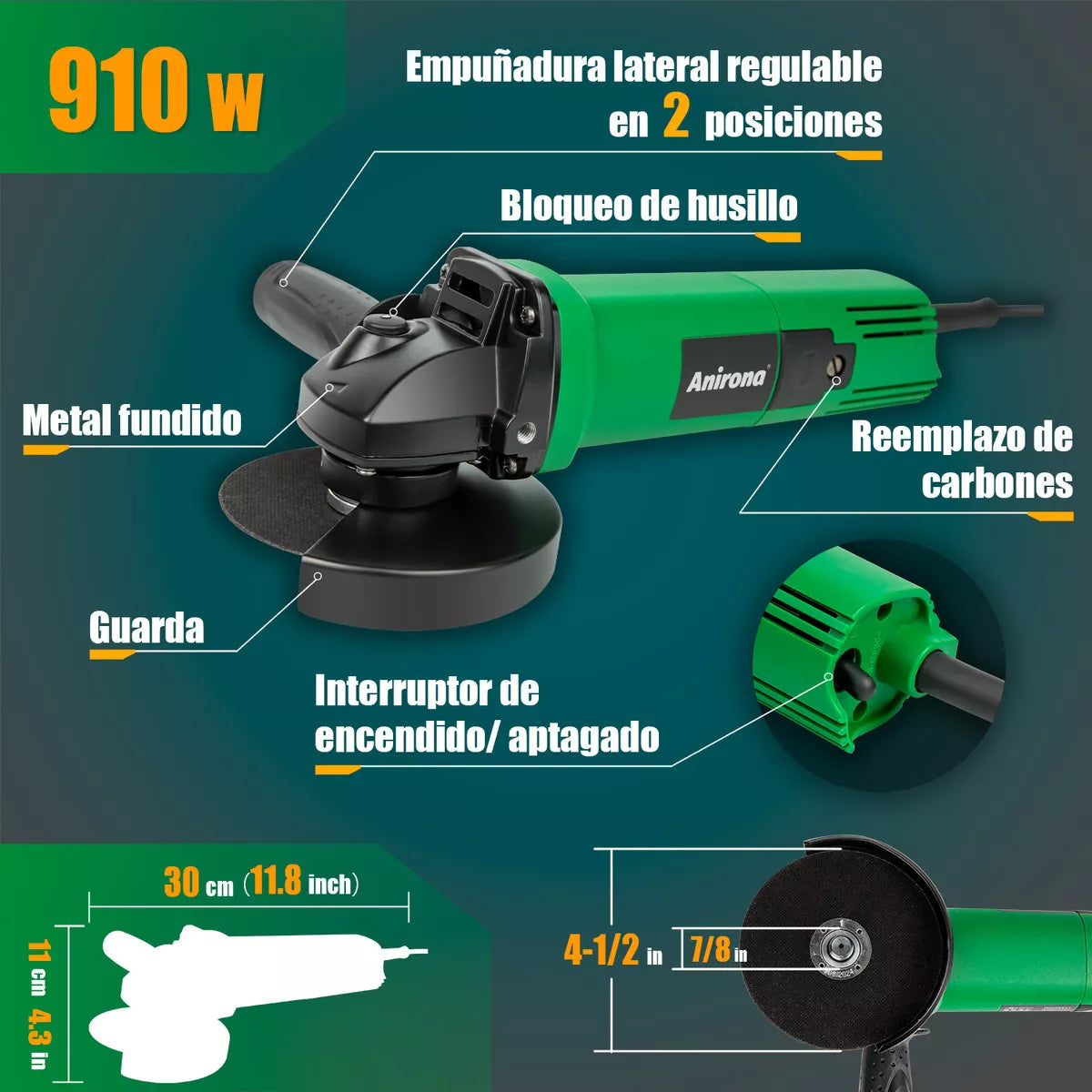 Esmeriladora Angular 910w Anirona Profesional Ag910