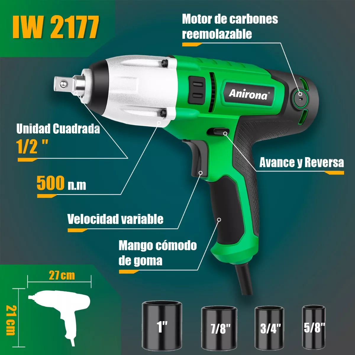 Llave De Impacto 1/2'' 500 Nm 700w Anirona Industial Iw2177