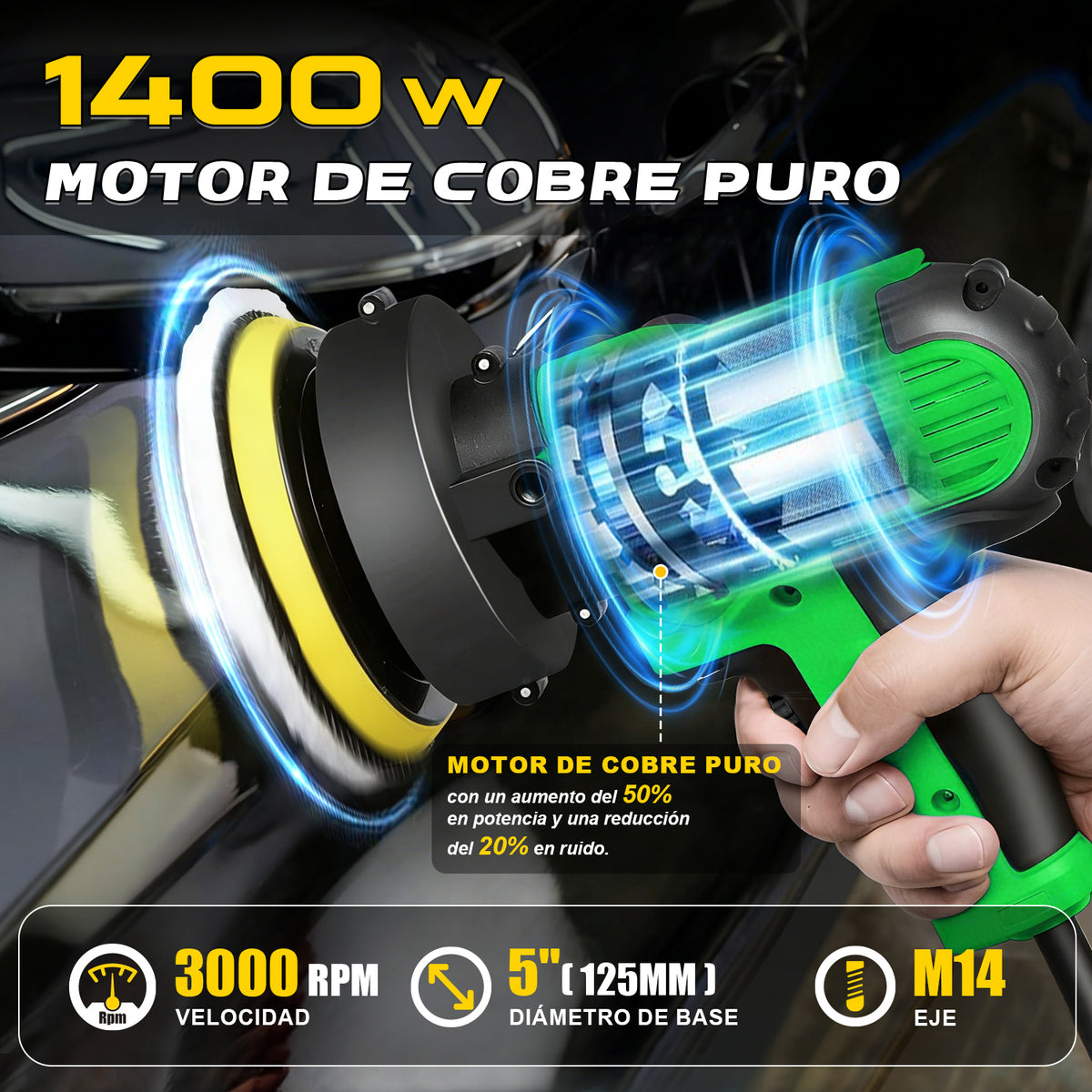 Pulidora Rotativa 125mm Eléctrico Para Coches 1400w Anirona PD1400