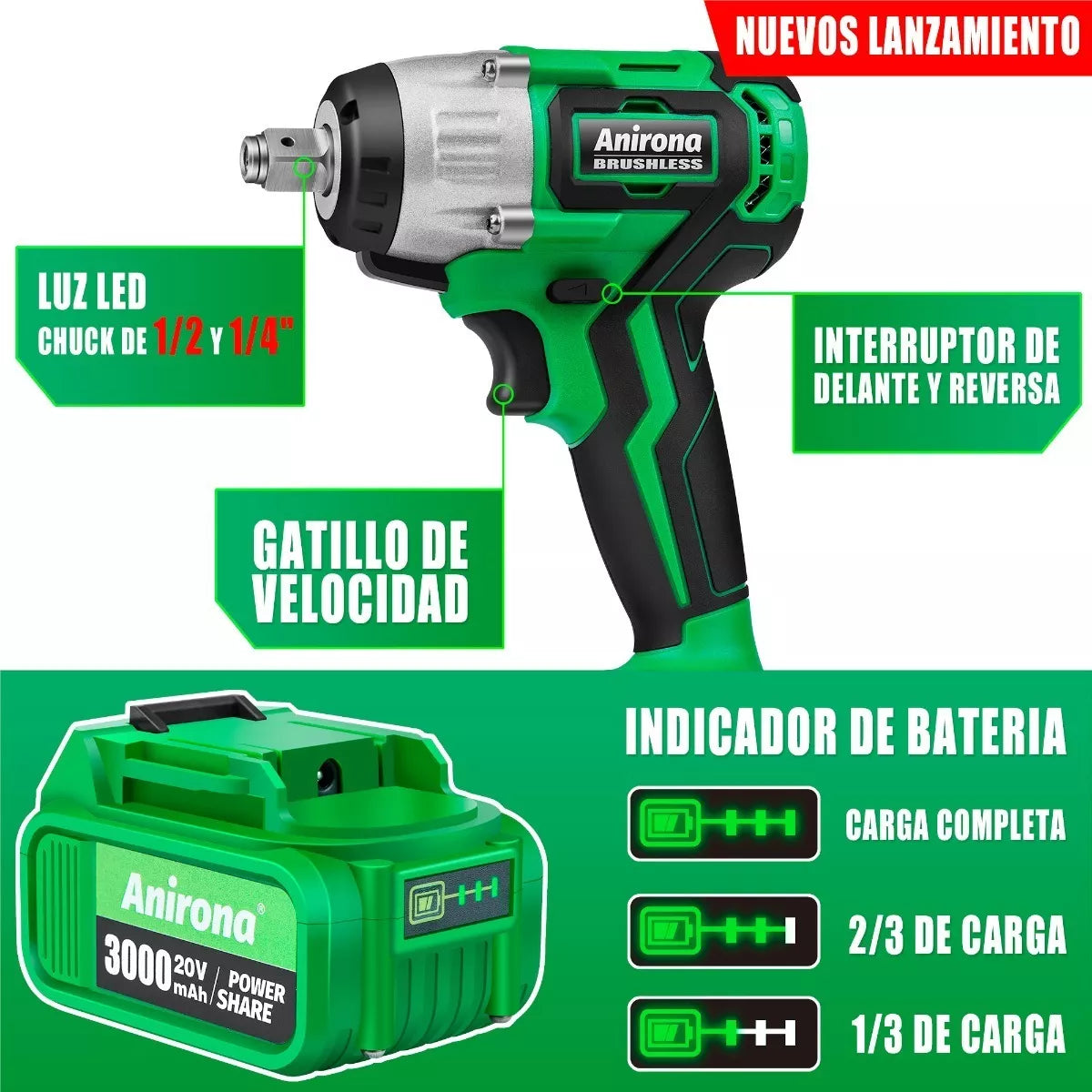 Llave De Impacto Inalámbrico De 20v Anirona 3.0ah C/2batería