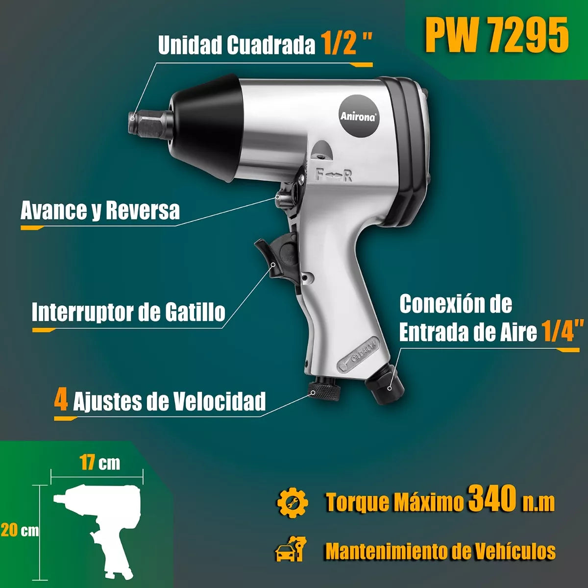 Llave De Impacto Pistola Neumática 1/2'' 340nm Anirona 7295