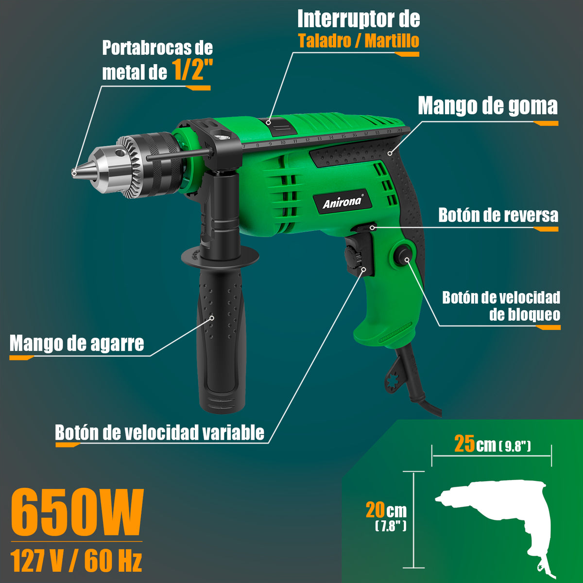 Taladro Rotomartillo 1/2'' Prof 650w Anirona Rd650 C/brocas RH650