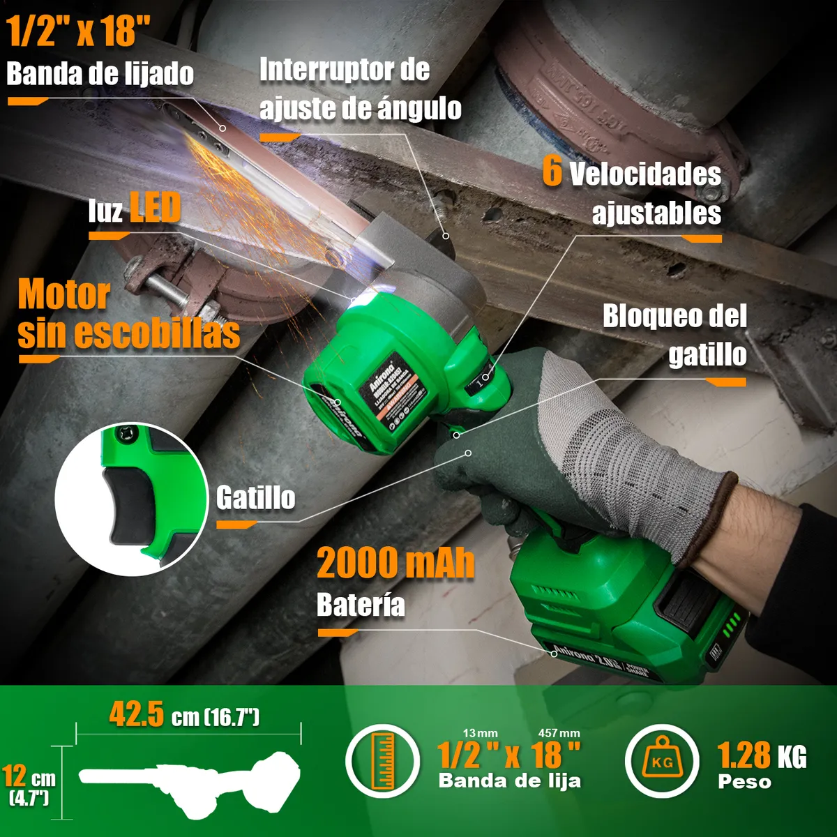 Mini Lijadora De Banda Sin Carbón 1/2x18 Anirona 2 Baterías