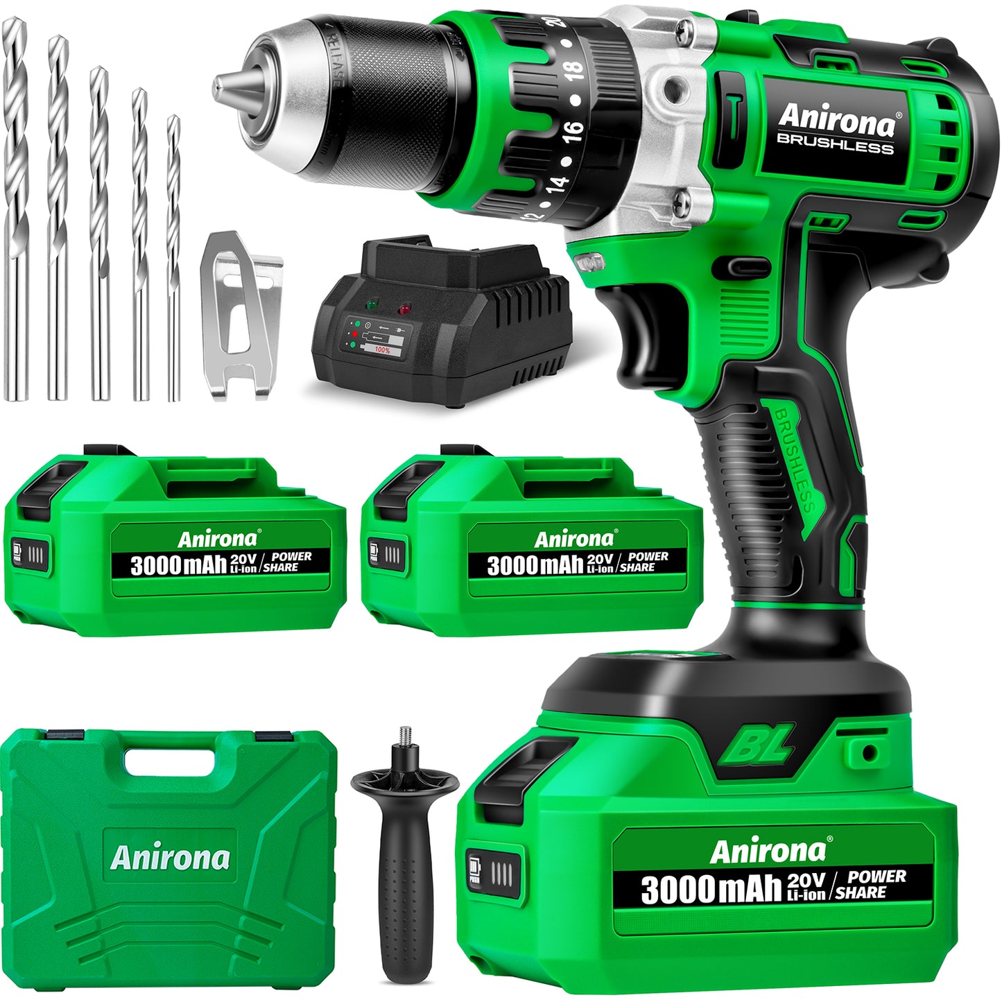 Taladro Rotomartillo Sin Carbón 2 Baterías 3000mah 13mm 1/2 Mandril Anirona