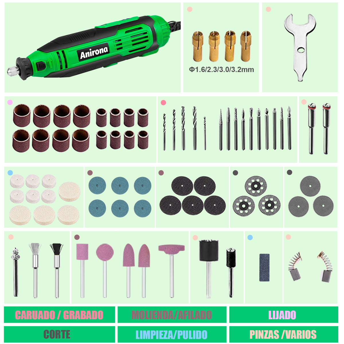 Mini Taladro Mototool Esmeril Anirona Con Accesorios 135w AA-RTK-211-1