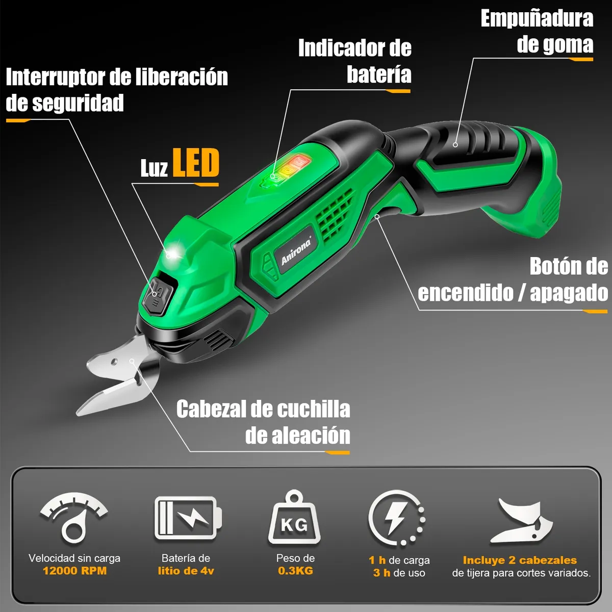 Tijera Eléctrica Inalámbrica Para Cortar Lamina Tela Anirona AS107