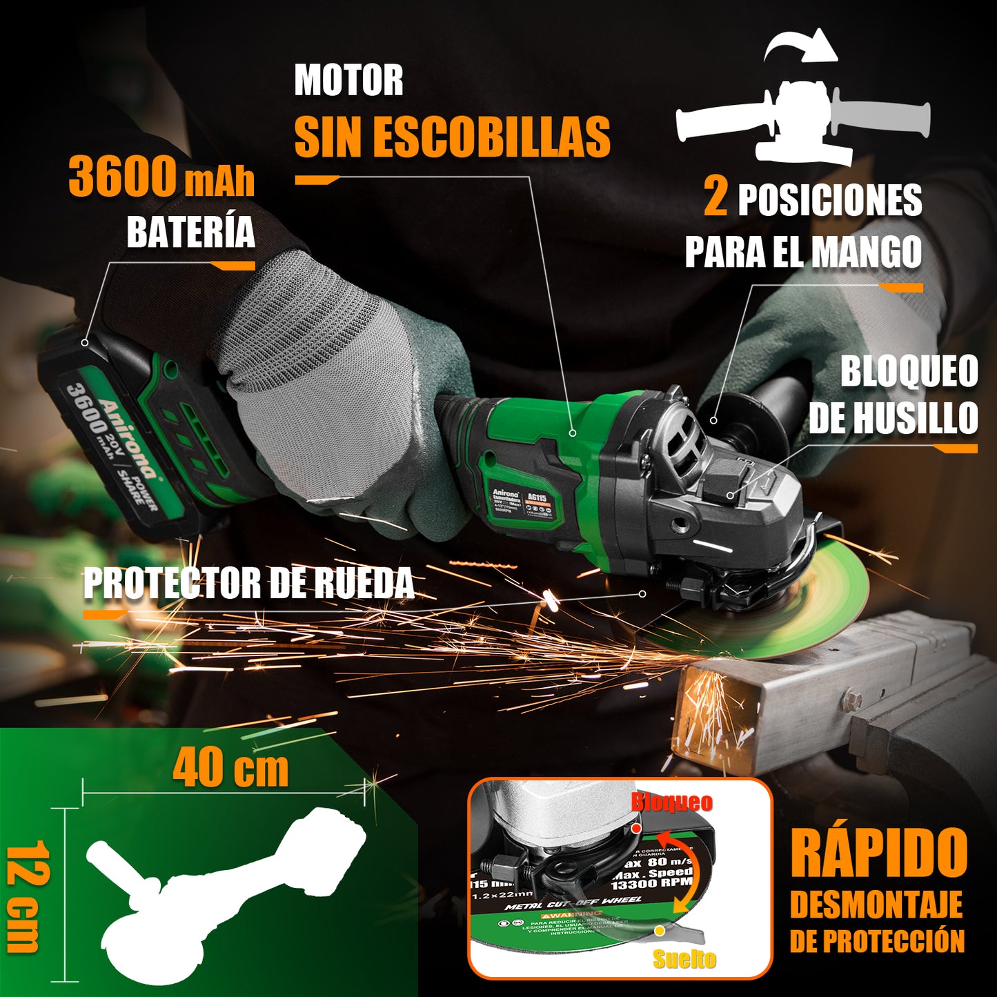 Esmeriladora Angular Inalámbrica 4-1/2 Sin Carbones Anirona