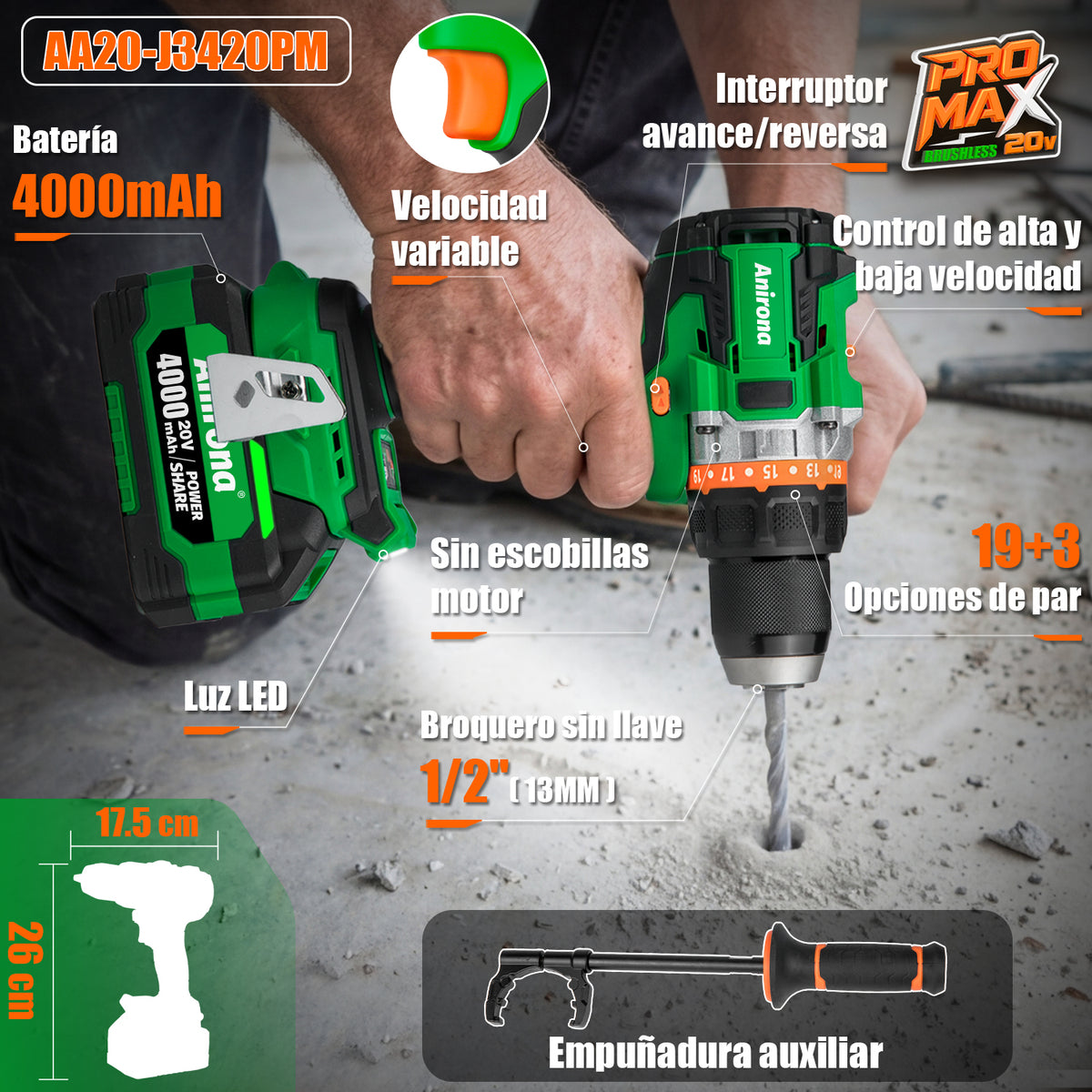 Taladro Rotomartillo Sin Carbón 2 Baterías 4ah 1/2'' Promax AA20-J3420PM