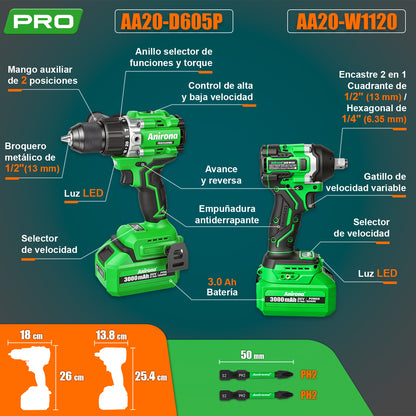 Kit Taladro Rotomartillo + Llave De Impacto 20v Brushless KIT1725