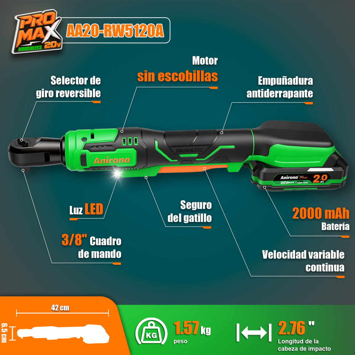 Llave Matraca Inalámbrica Ratchet Brushless Anirona Promax AA20-RW5120A