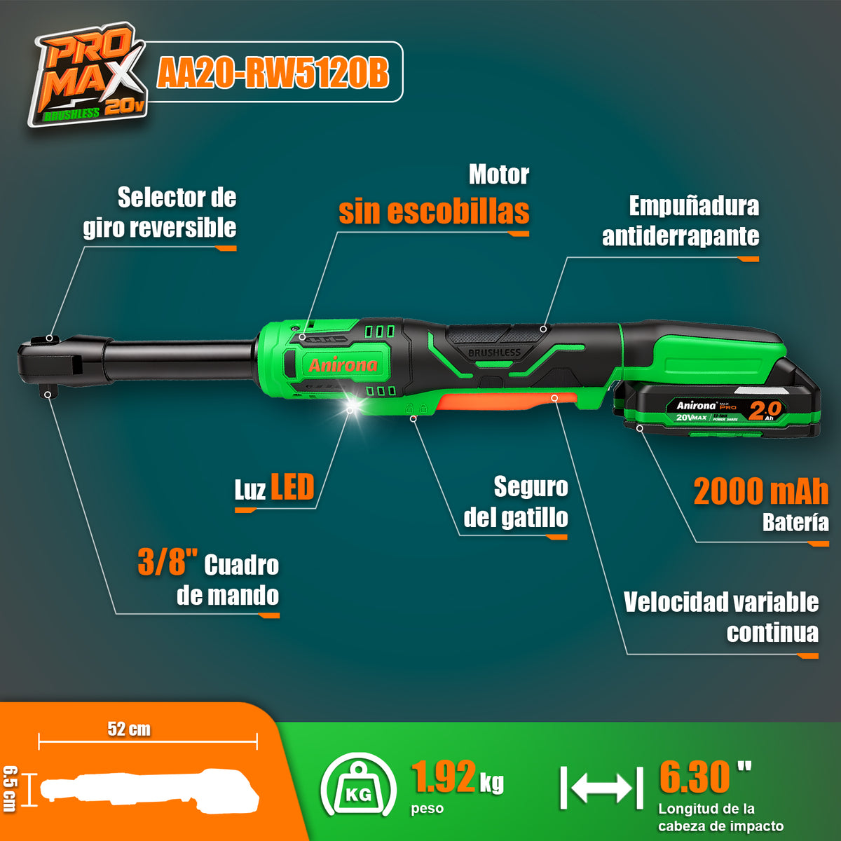 Llave Matraca Inalámbrica Ratchet Brushless Cabezal Largo AA20-RW5120B