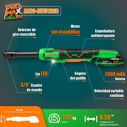 Llave Matraca Inalámbrica Ratchet Brushless Cabezal Largo AA20-RW5120B