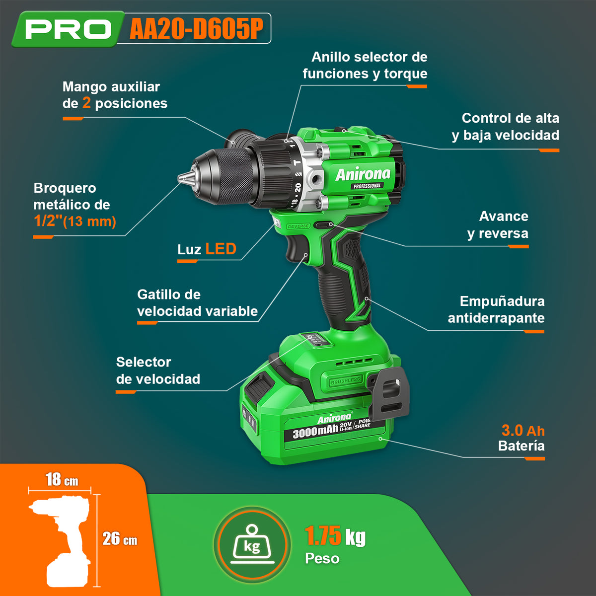 Taladro Rotomartillo Inalámbrico 20v Brushless Con 2 Batería AA20-D605P