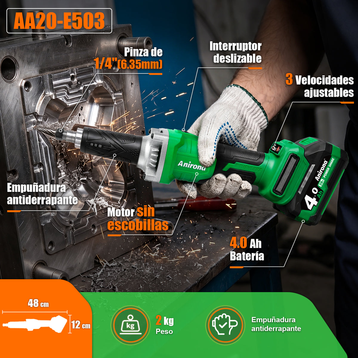 Rectificadora Recta Inalámbrico 1/4'' Brushless 20v Esmeril AA20-E503