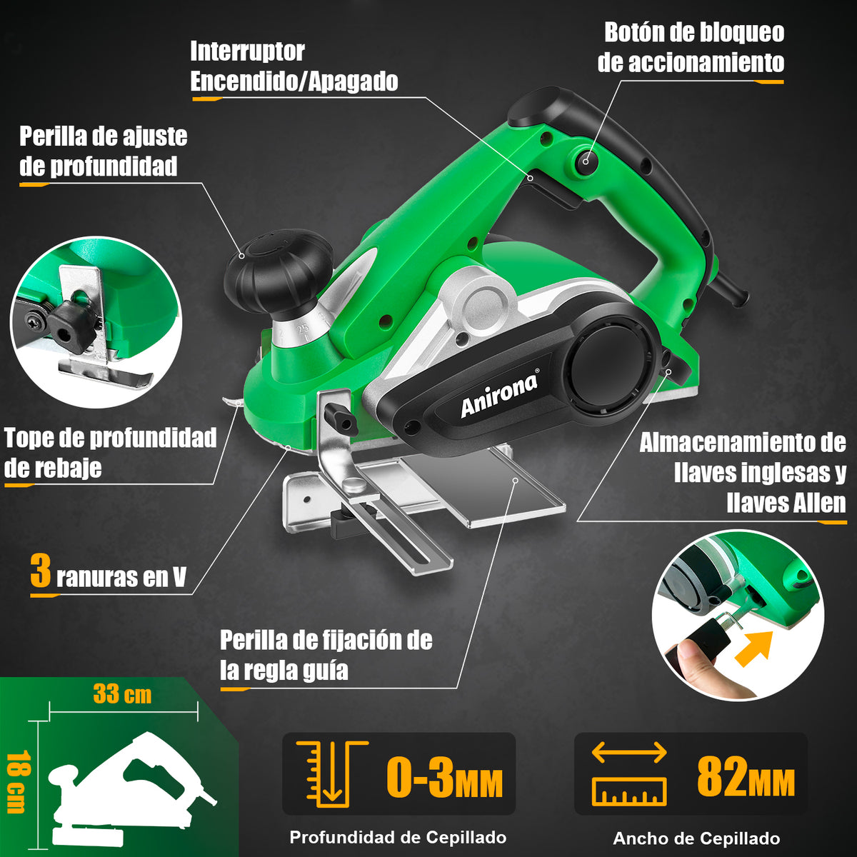 Cepillo Eléctrico Madera 3-1/4 1080w Anirona Pro AP82