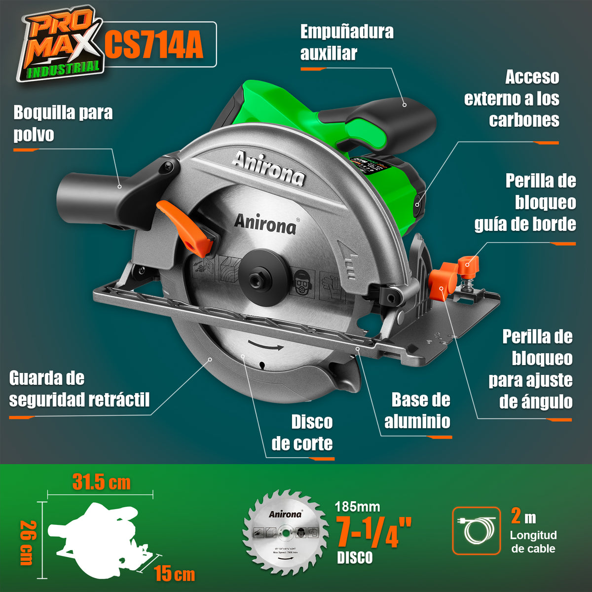 Sierra Circular Eléctrica 7-1/4'' 1600w 127v Anirona Promax CS714A