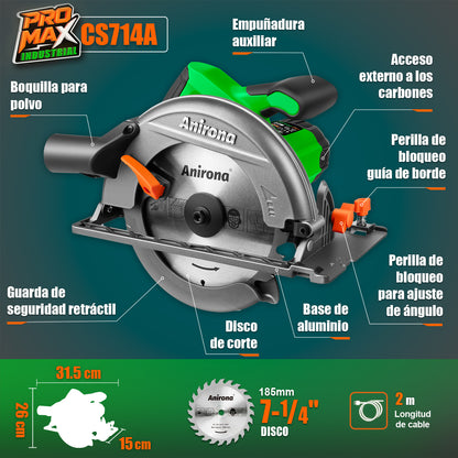 Sierra Circular Eléctrica 7-1/4'' 1600w 127v Anirona Promax CS714A