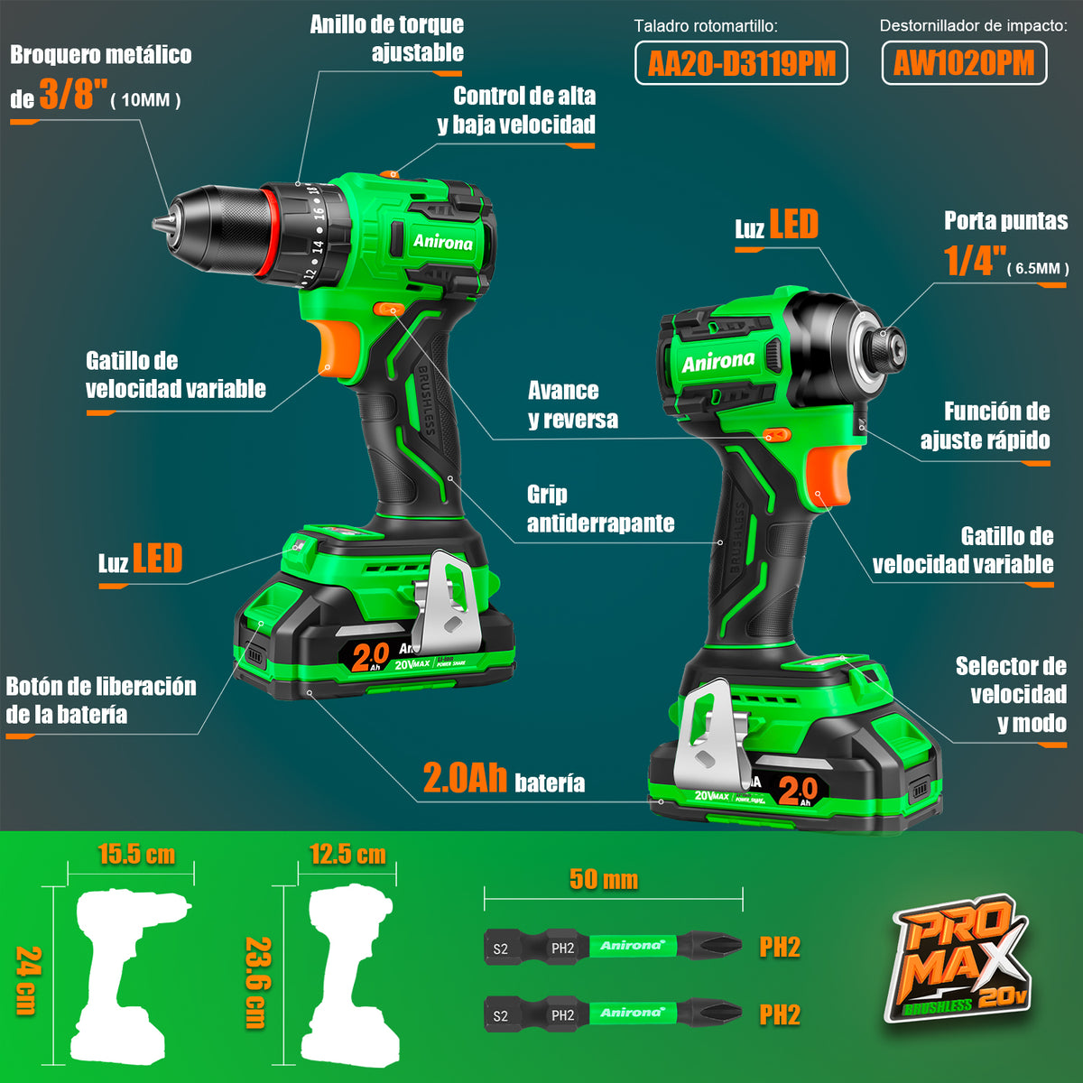 Atornillador Impacto & Rotomartillo Taladro Promax Anirona PMKIT-1850