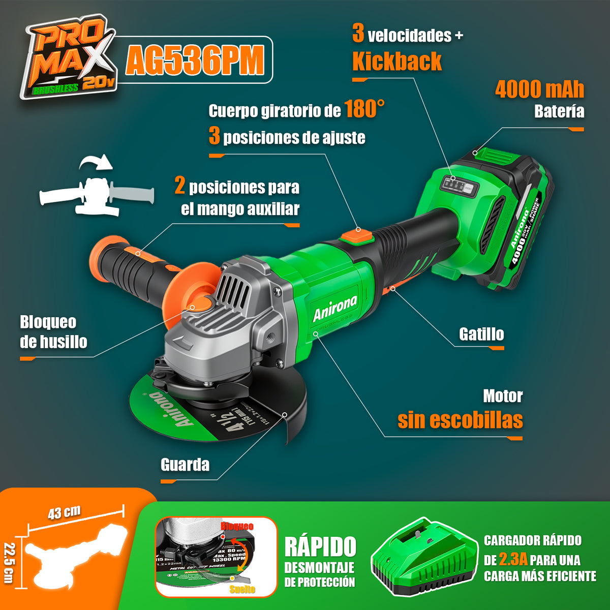 Esmeriladora Angular Inalámbrica Brushless 20v 1150w 4.0ah AG536PM