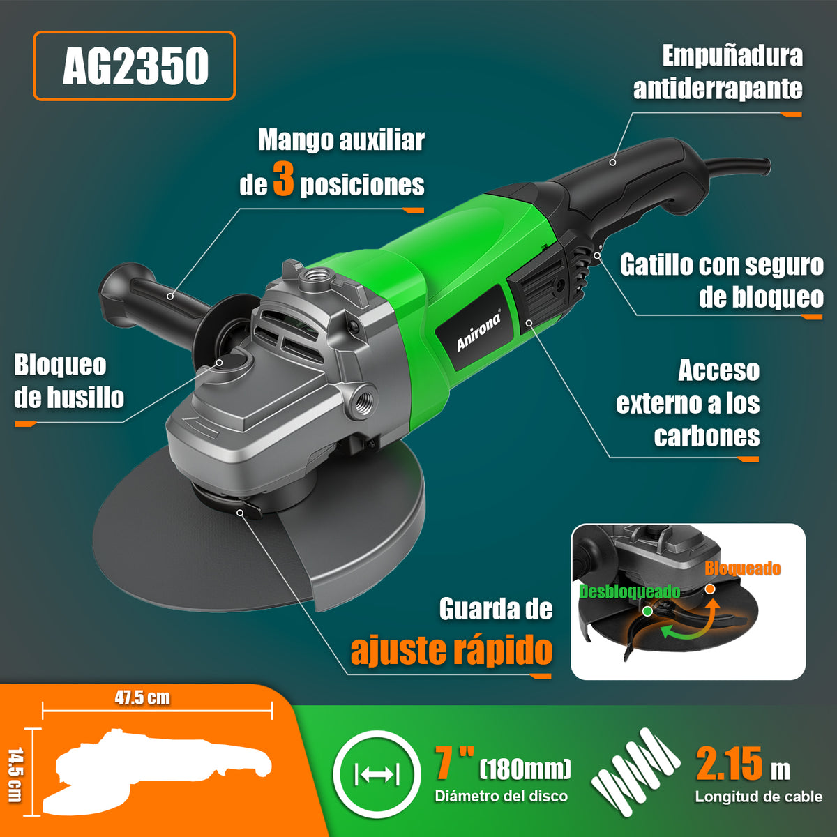Esmeriladora Angular Eléctrica 7'' Industrial 2350w Anirona AG2350