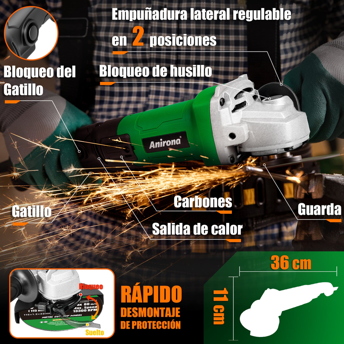 Esmeriladora Angular 1350w 4-1/2 Industrial Anirona AG1350LP