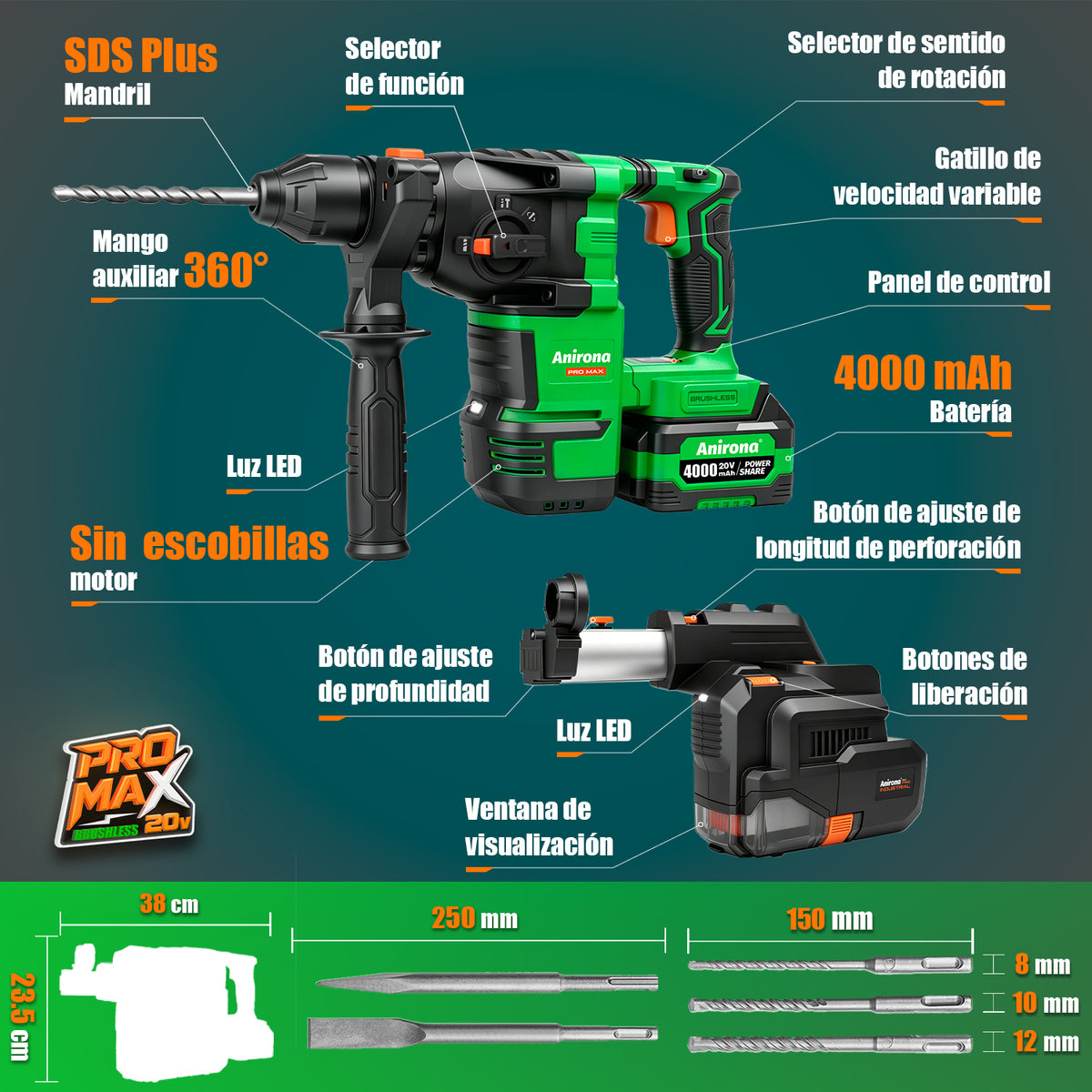 Rotomartillo Cincelador Colector De Polvo 4j Anirona Promax ARH515PM + VC515PM