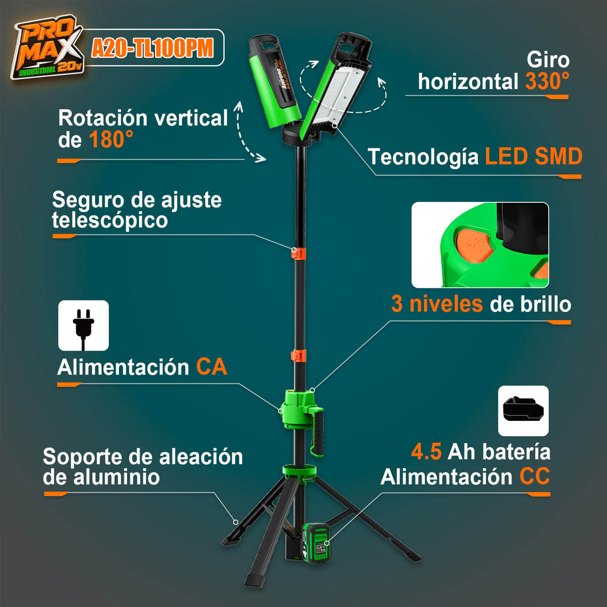 Lámpara De Trabajo Led 10000lm 20v Recargable Anirona Promax A20-TL100PM