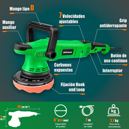 Pulidora Roto Orbital Doble Acción 6'' 7 Velocidad Para Auto PD1050
