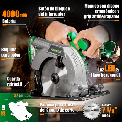 Sierra Circular Sin Carbones Inalámbrico 7-1/4 Anirona 4.0ah A40CS185