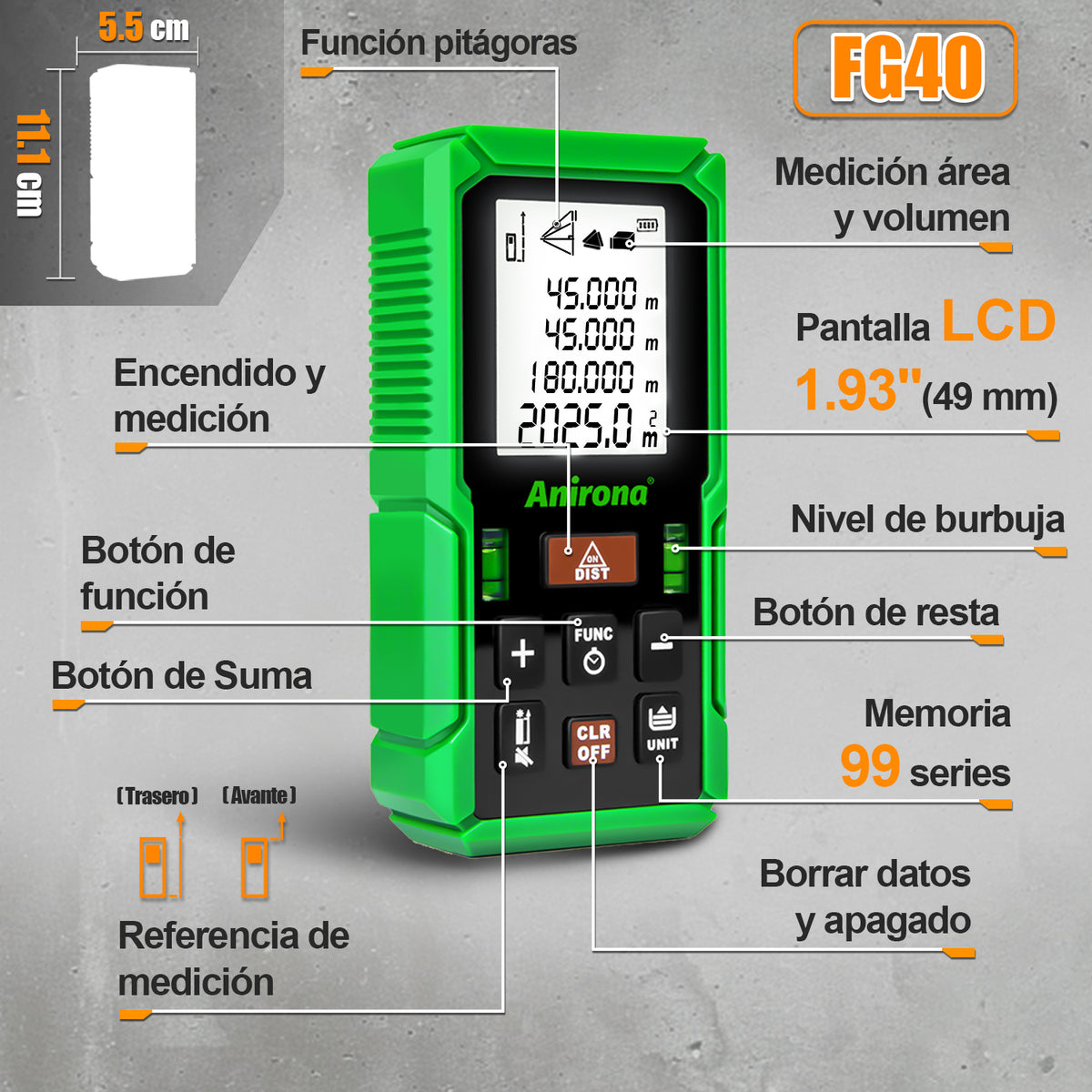 Medidor Láser Telémetro Distanciómetro 45 Metros Anirona FG40