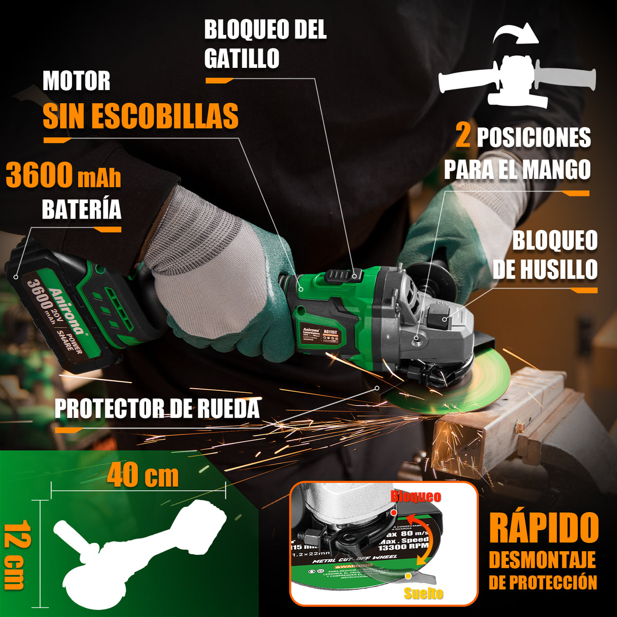 Esmeriladora Angular Sin Carbones Inalámbrica 4-1/2 Anirona AG115T