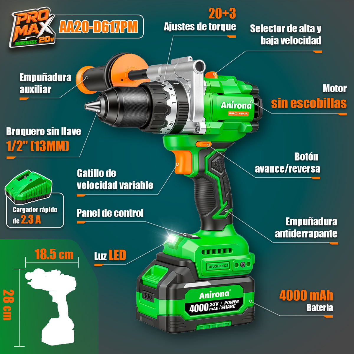 Taladro Inalámbrico 150nm Brushless 1/2'' Anirona Promax 4ah AA20-D617PM