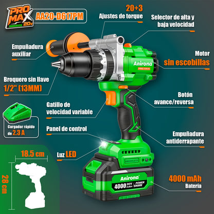 Taladro Inalámbrico 150nm Brushless 1/2'' Anirona Promax 4ah AA20-D617PM