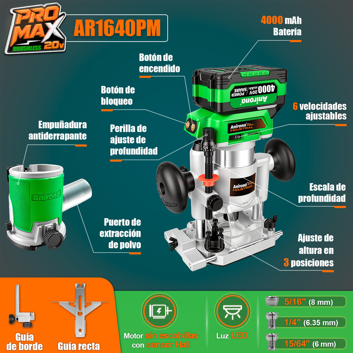 Router Fresadora Recortadora Madera 2 En 1 Inalámbrica 20v AR1640PM