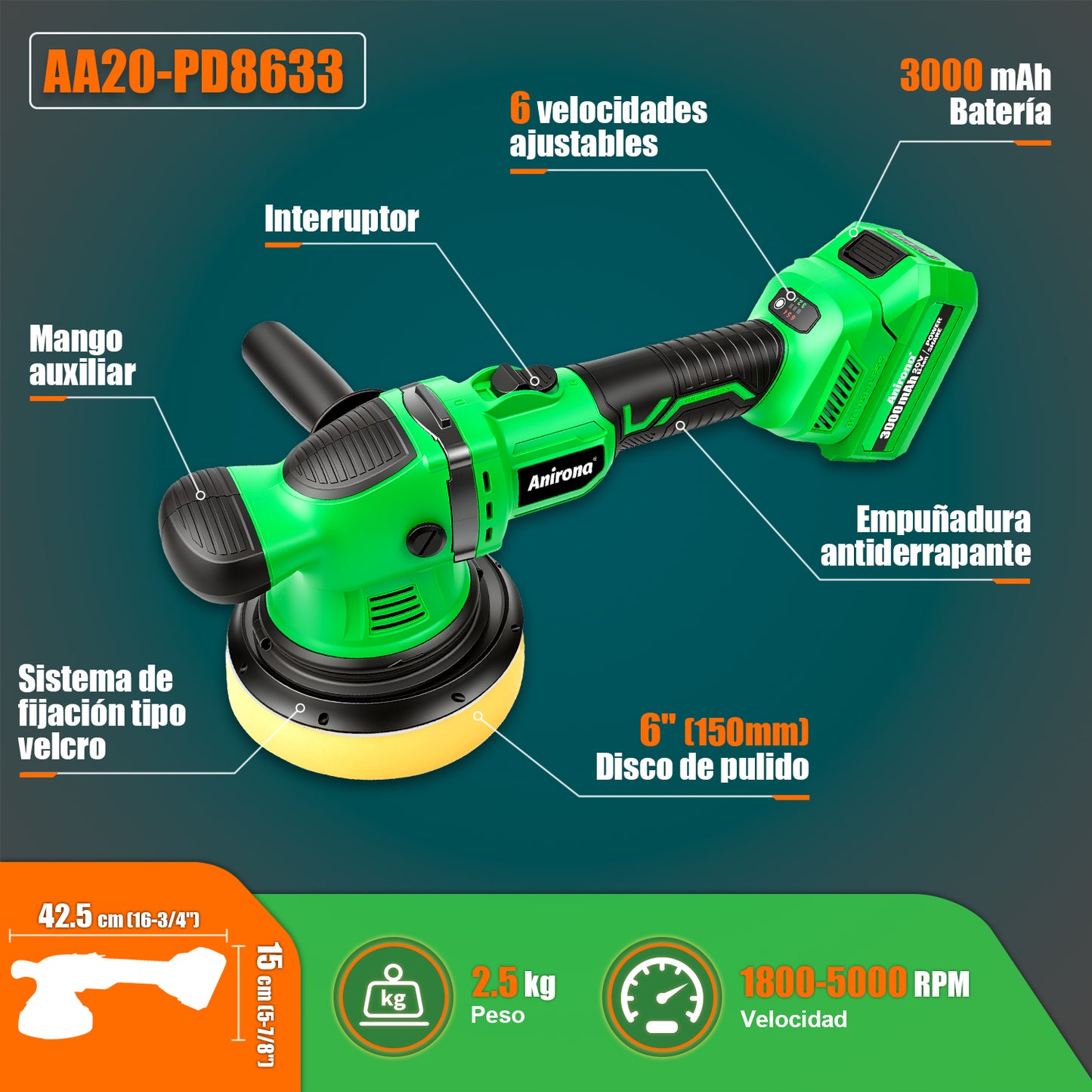 Pulidora Inalámbrica 20v Roto Orbital Doble Acción 6'' Auto AA20-PD8633