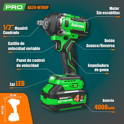 Llave De Impacto Inalámbrica 1/2 Brushless 800nm 2 Baterías AA20-W700P