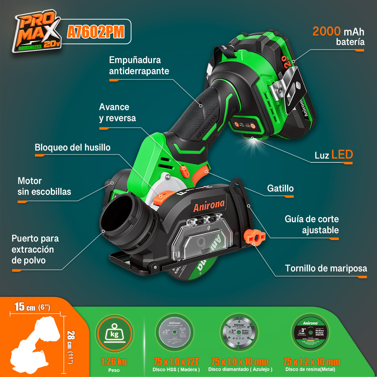 Mini Sierra De Corte Inalámbrica 20v 3 Brushless Anirona A7602PM