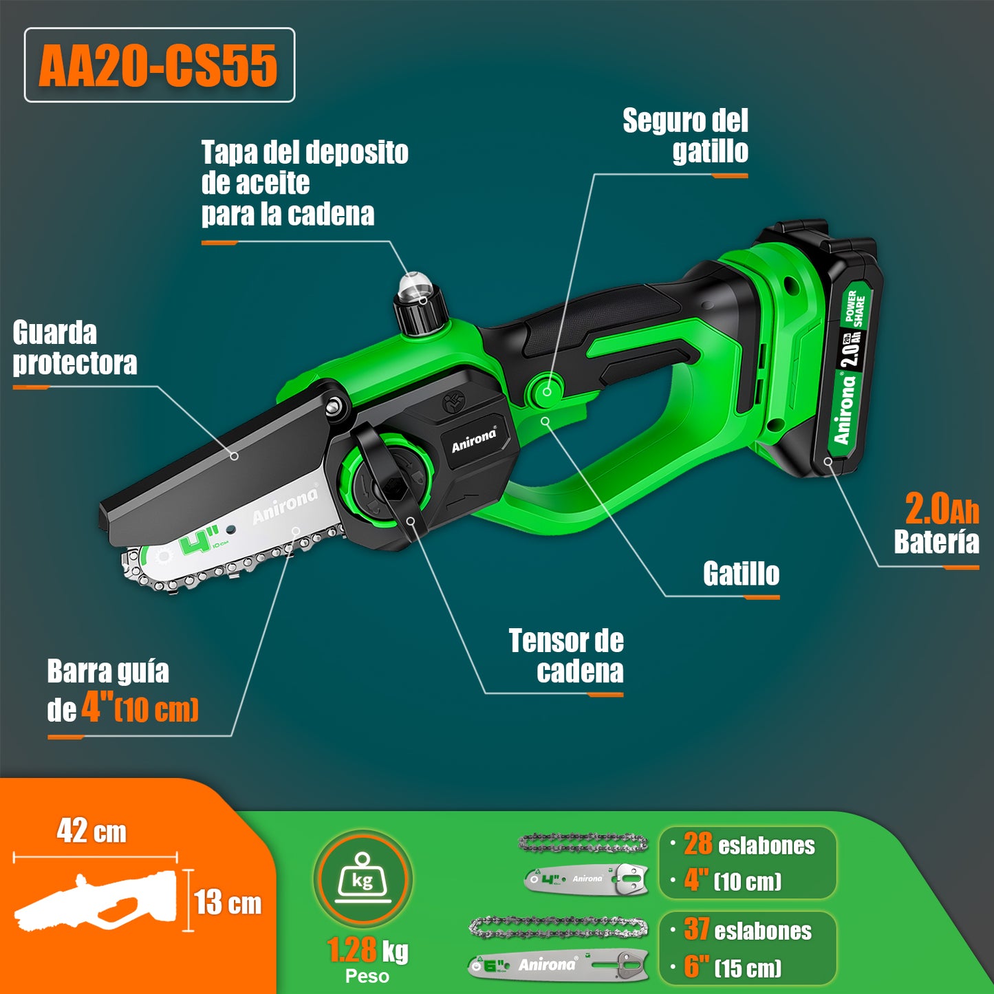 Motosierra Eléctrica Inalámbrica Anirona 20v Con 2 Baterías AA20-CS55
