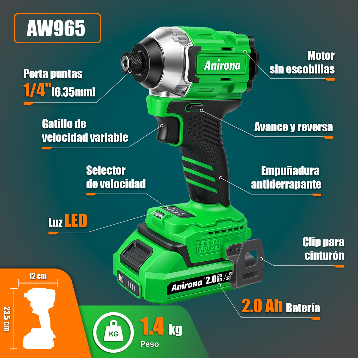 Atornillador De Impacto Inalámbrico De 20v Anirona 2ah Aw965