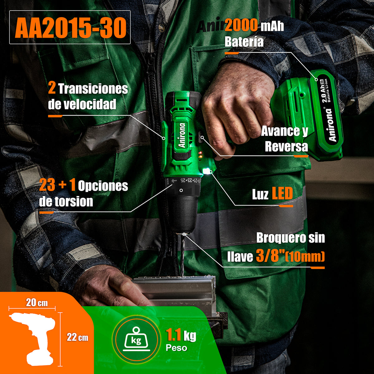 Taladro Atornillador Airona Aa2015-30 De 20v 1 Batería aa2015-30
