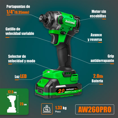 Atornillador De Impacto Sin Carbón 1/4 2baterías Anirona Pro AW260PRO