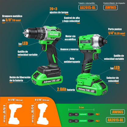 Kit De Atornillador De Impacto & Rotomartillo Sin Carbones AW965 &AA2015-BL