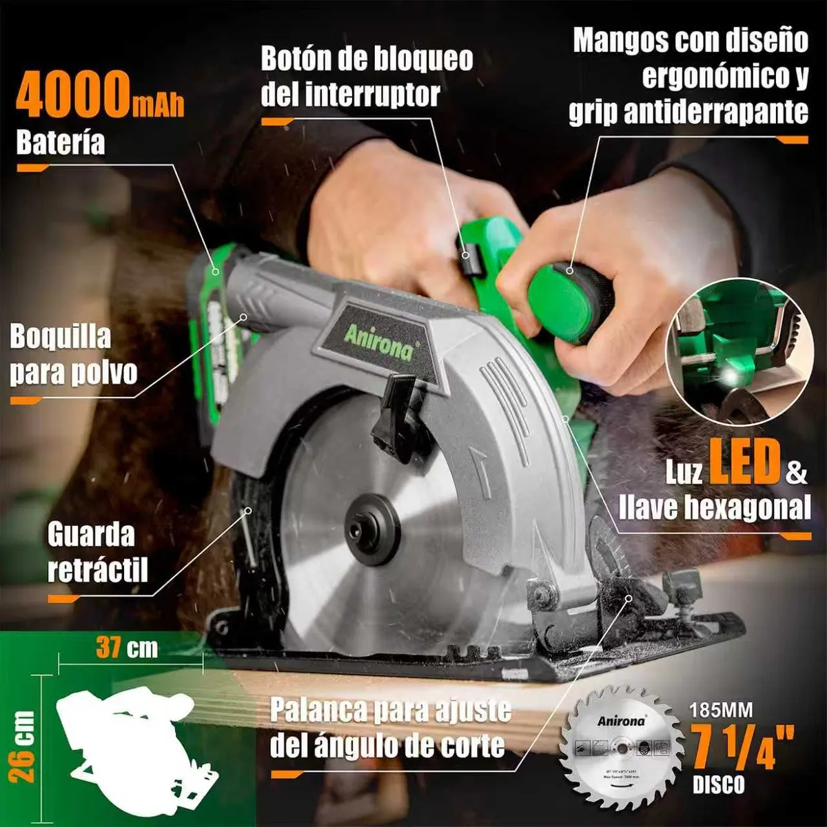 Sierra Circular Sin Carbones Inalámbrico 7-1/4 Anirona 4.0ah