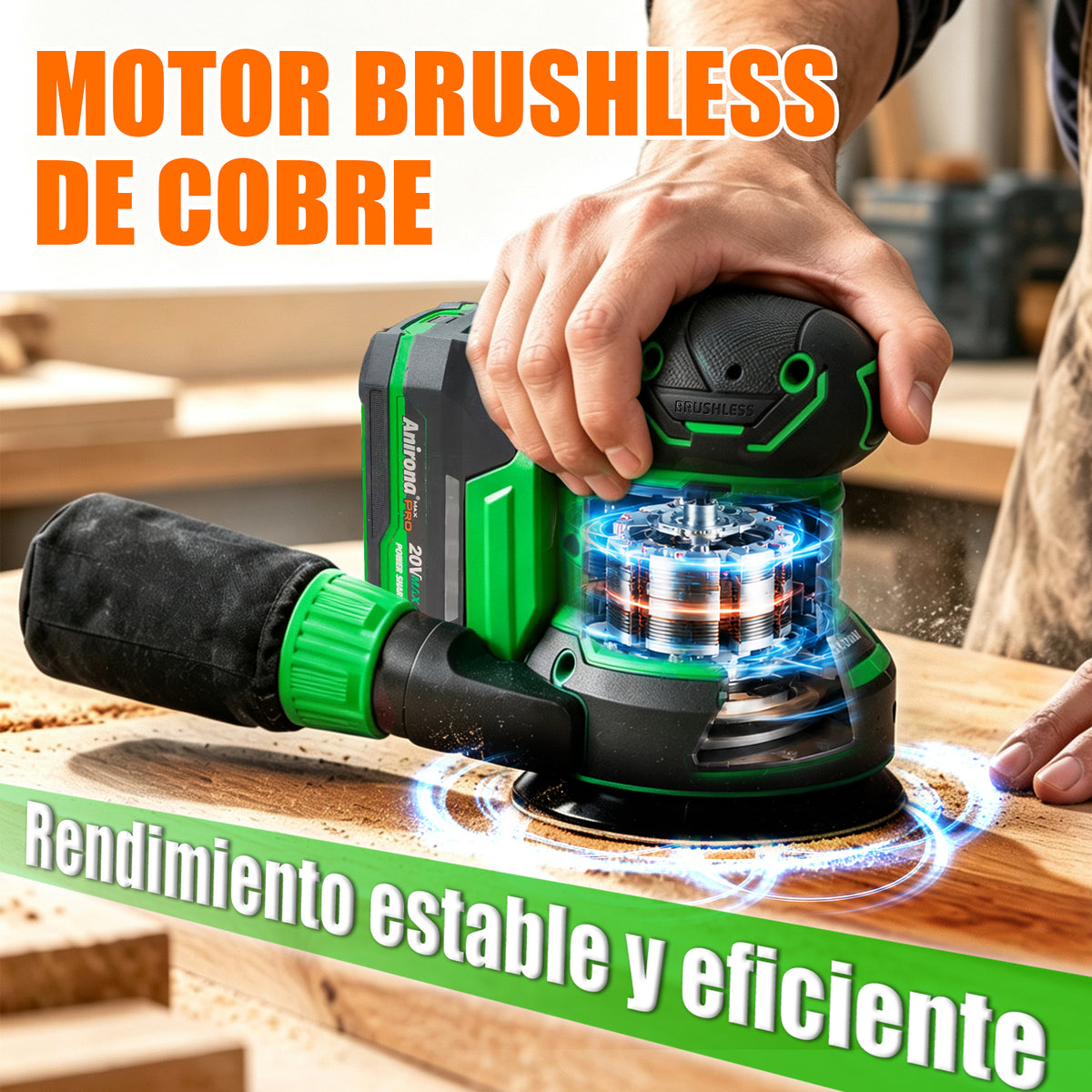 Lijadora Orbital Inalámbrica 20v Brushless Anirona 125mm AA20-SD2620
