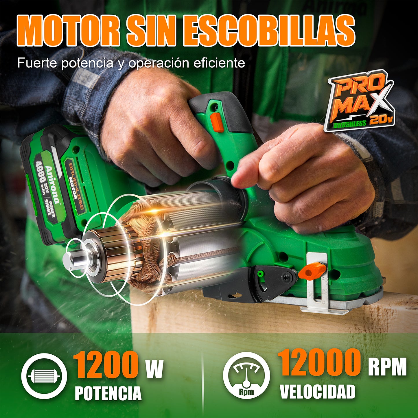 Cepillo Para Madera Inalámbrico Sin Escobillas 4.0ah Anirona AA20-PM8201