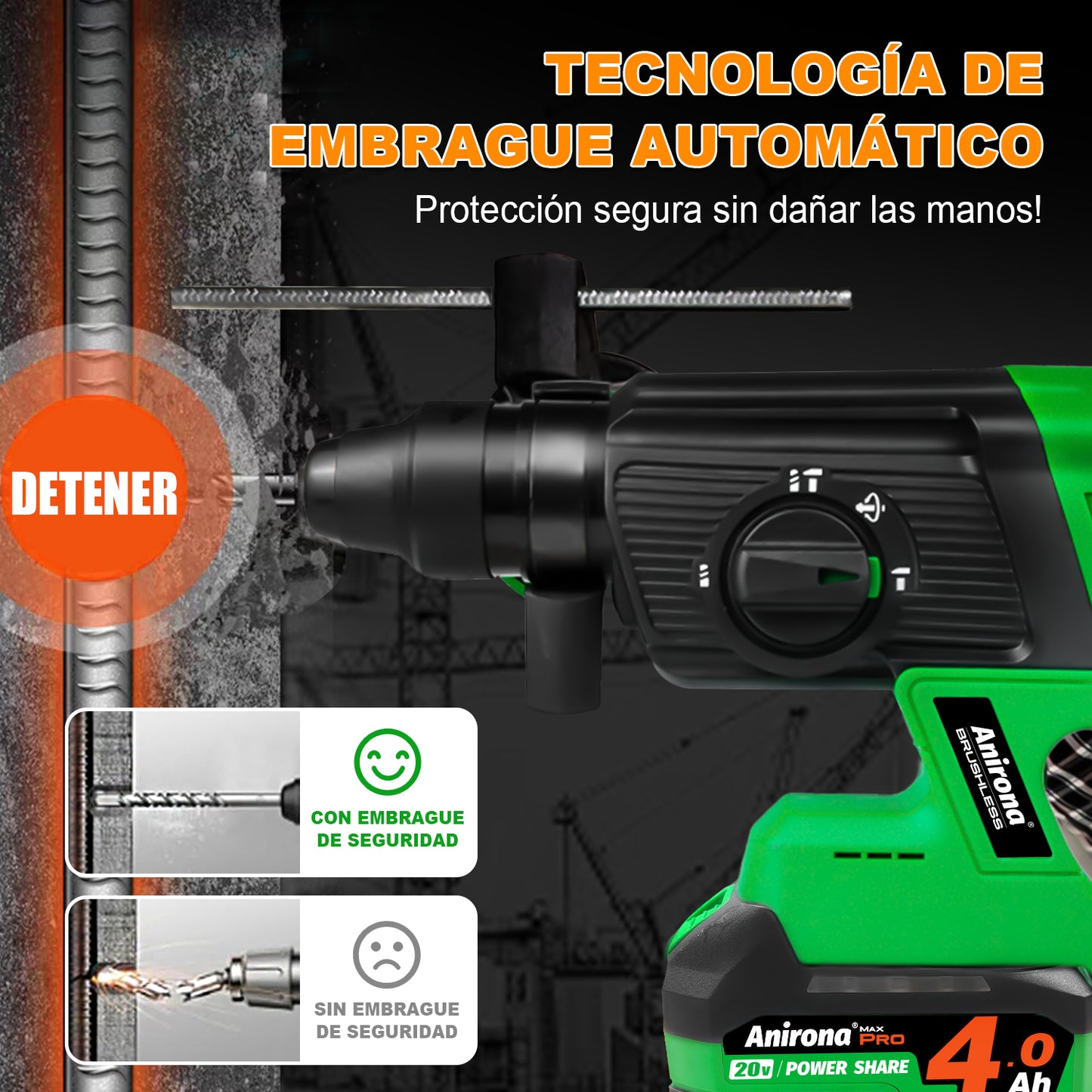 Rotomartillo Sin Carbón Cincelador 2 Baterías 4.0ah Anirona A40RH26B