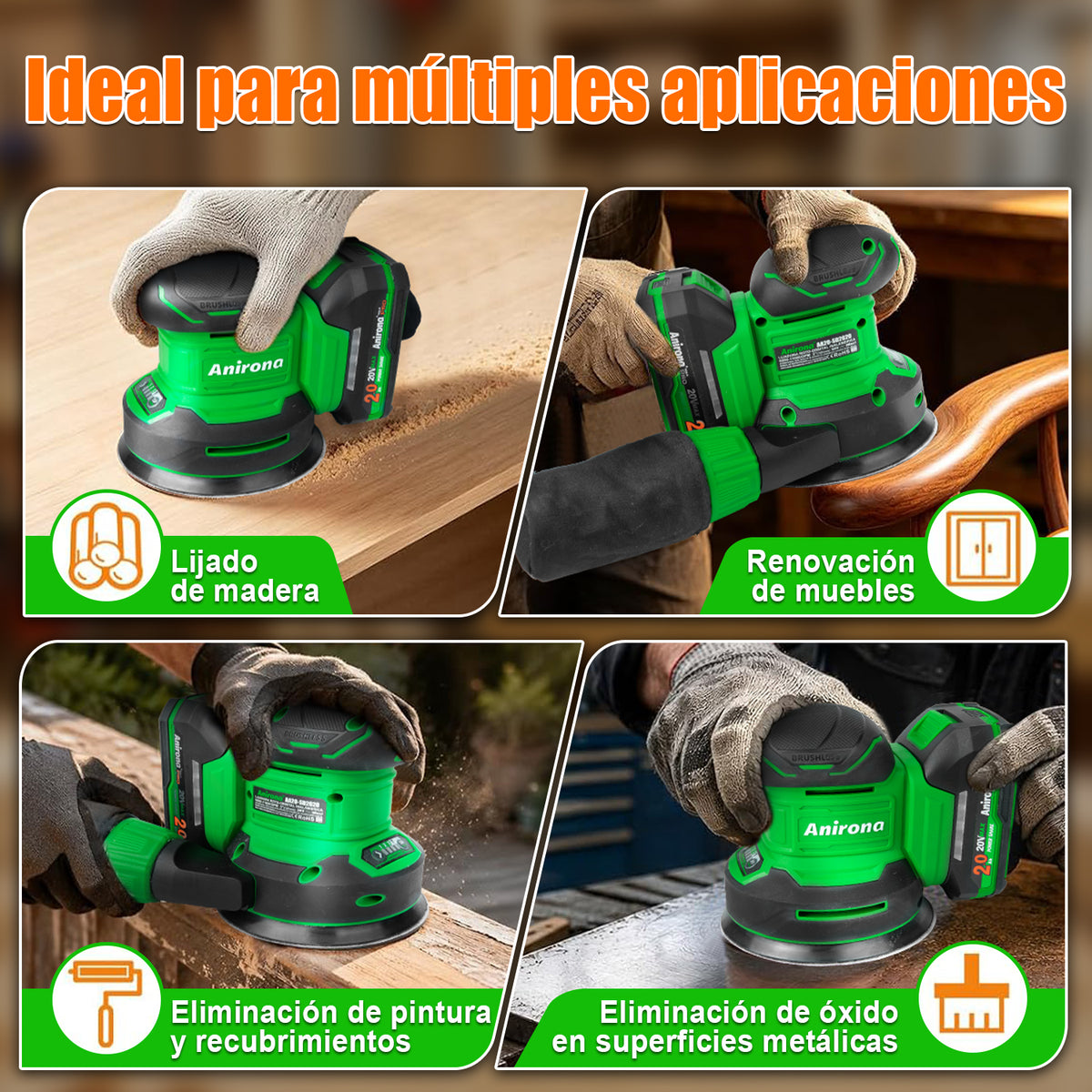 Lijadora Orbital Inalámbrica 20v Brushless Anirona 125mm AA20-SD2620